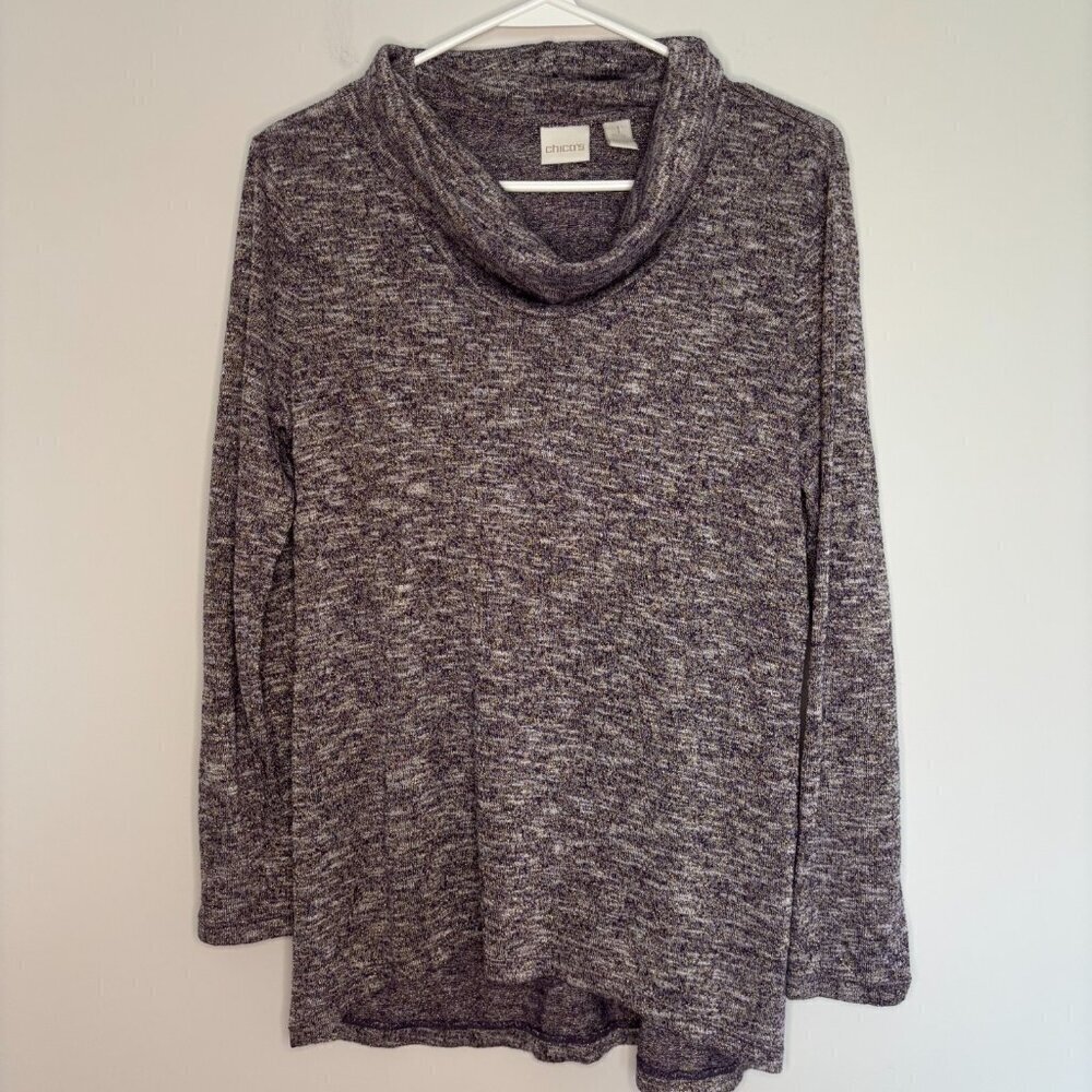CHICO'S Cowl Neck Sweater Women's 1 Small Purple Metallic Long Sleeve Hi Lo Hem